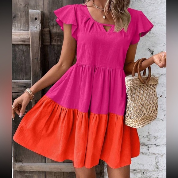 NWOT SHEIN Pink Orange Colorblock Ruffled Tiered Sundress Women’s Size Small - Picture 1 of 8